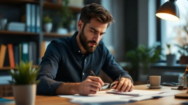 Frau berechnet am Schreibtisch die Förderhöhe beim Aufstiegs-BAföG in NRW