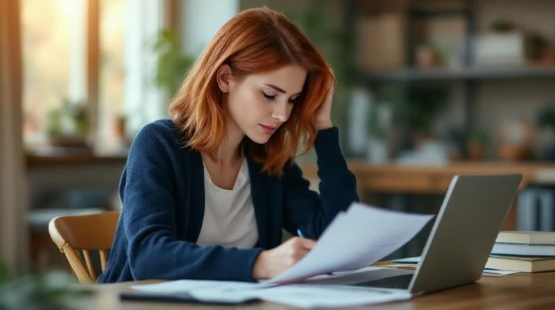 Frau sitzt am Schreibtisch in Remscheid und fuellt Formulare fuer den Bildungsgutschein aus