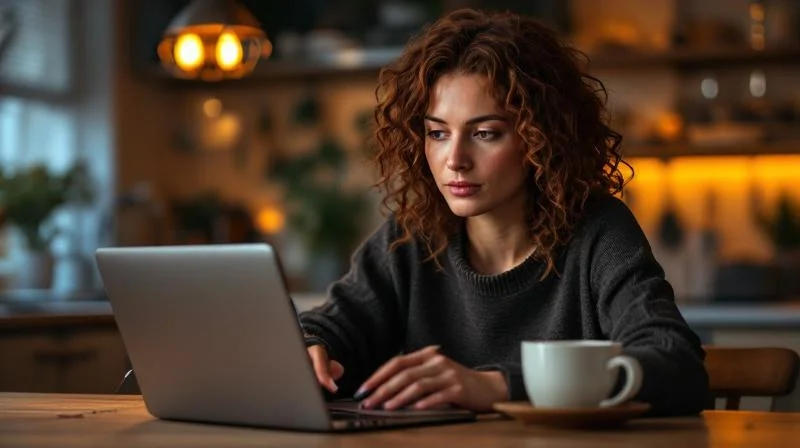 Frau studiert am Abend am Laptop Unterlagen zur beruflichen Fortbildung in Remscheid