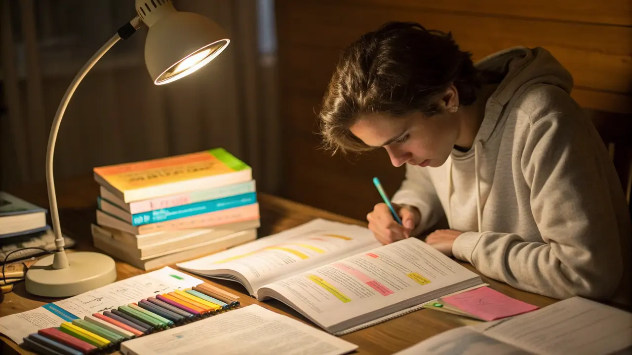 Person lernt konzentriert mit IHK-Prüfungsunterlagen und farbigen Markierungen am Schreibtisch