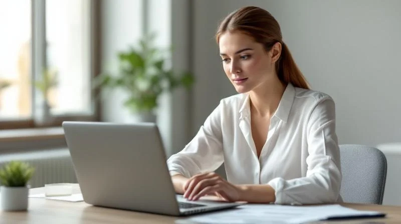 Frau sitzt am Laptop in einem modernen Arbeitsbereich in Remscheid und lernt für ihre Weiterbildung