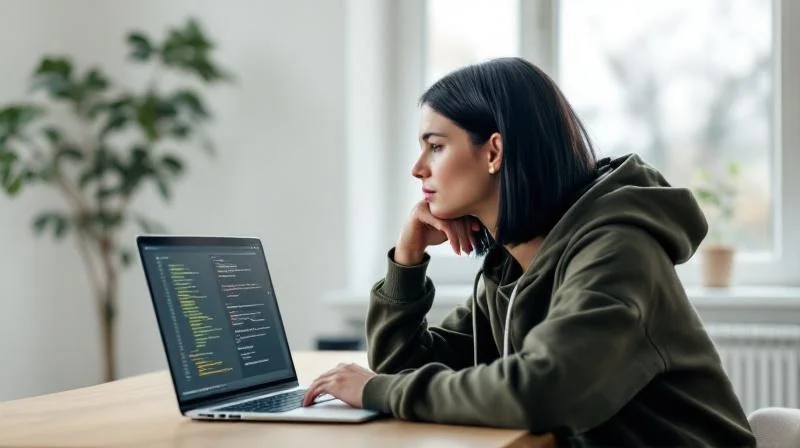 Frau lernt am Laptop digitale Prozesse in einem modernen Homeoffice in Remscheid