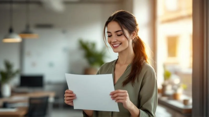 Frau mit IHK-Zeugnis in einem Büro in Remscheid laechelt zufrieden