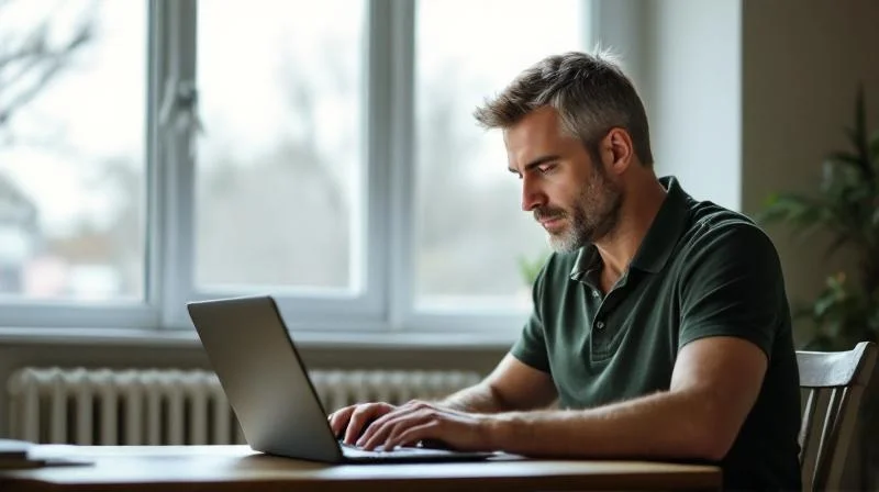 Mann am Laptop in einer Wohnung in Remscheid recherchiert Umschulungsmöglichkeiten