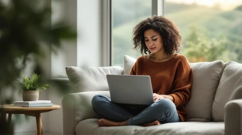 Frau sitzt mit Laptop auf einem hellen Sofa in Remscheid und lernt online