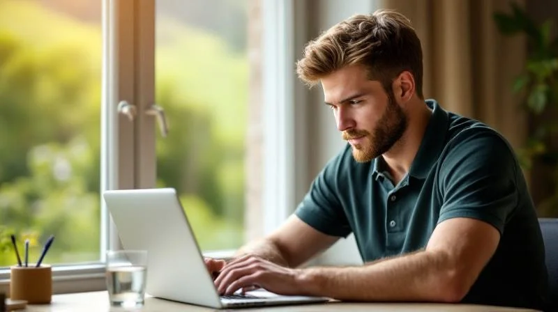 Mann arbeitet am Laptop in einem Homeoffice mit Blick auf die Bergische Landschaft bei Remscheid